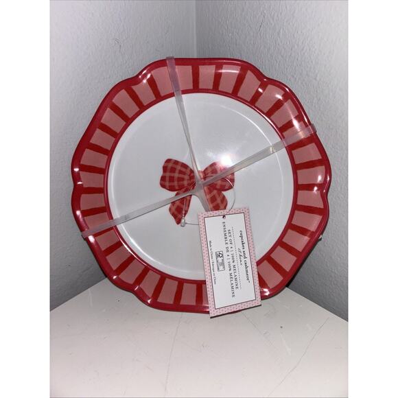 Cupcakes and Cashmere Red Bow Pink Pattern Melamine 8.5” Salad Plates Set of 4 - Picture 1 of 2